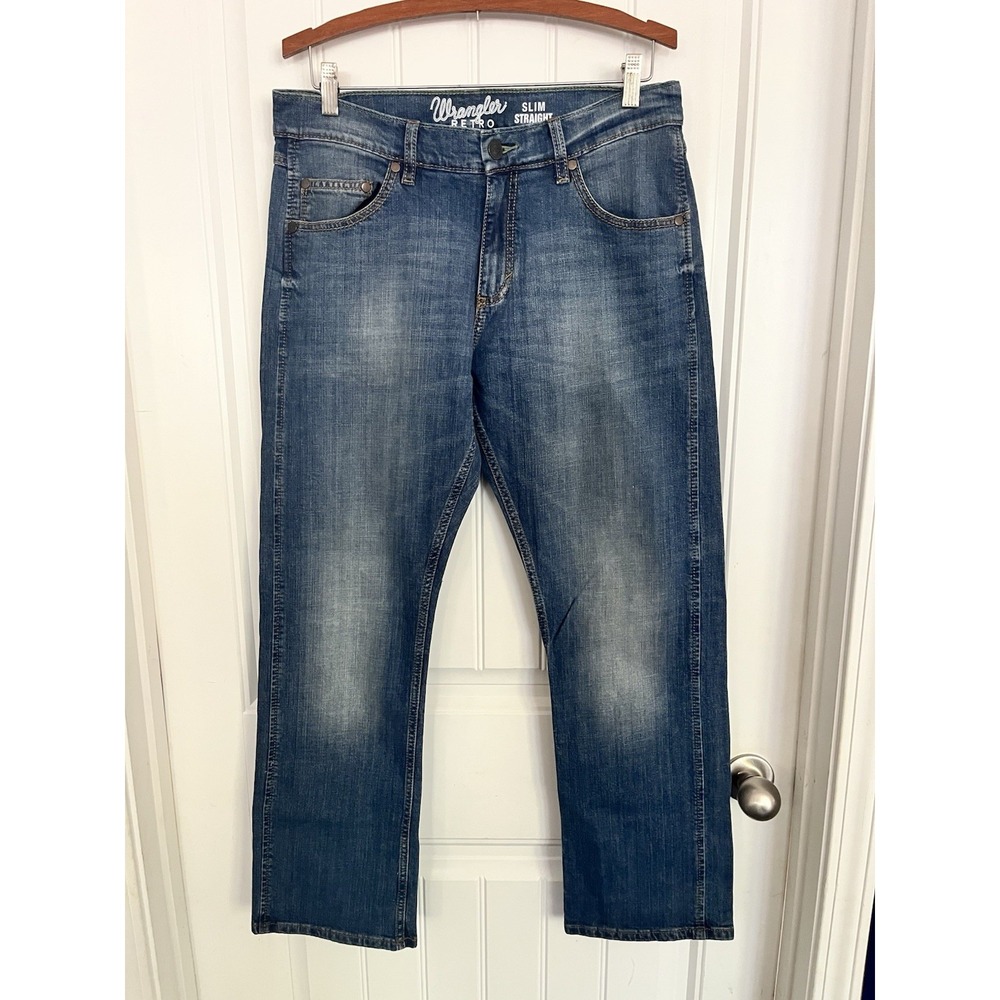 Wrangler Retro Slim Straight Jeans Mens 33X30 Blue Denim Stretch Cowboy 750